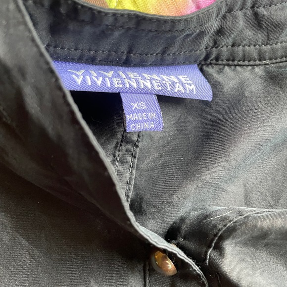 Vivienne Tam Black Silk Pearl Button Short Sleeve Dress Top Puff Sleeves Size XS - Picture 6 of 6